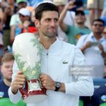 MASON, OH - AUGUST 19:  Novak Djokovic of Serbia poses with the winner's trophy after defeating Roger Federer of Switzerland during the men's final of the Western & Southern Open at Lindner Family Tennis Center on August 19, 2018 in Mason, Ohio.  (Photo by Matthew Stockman/Getty Images)